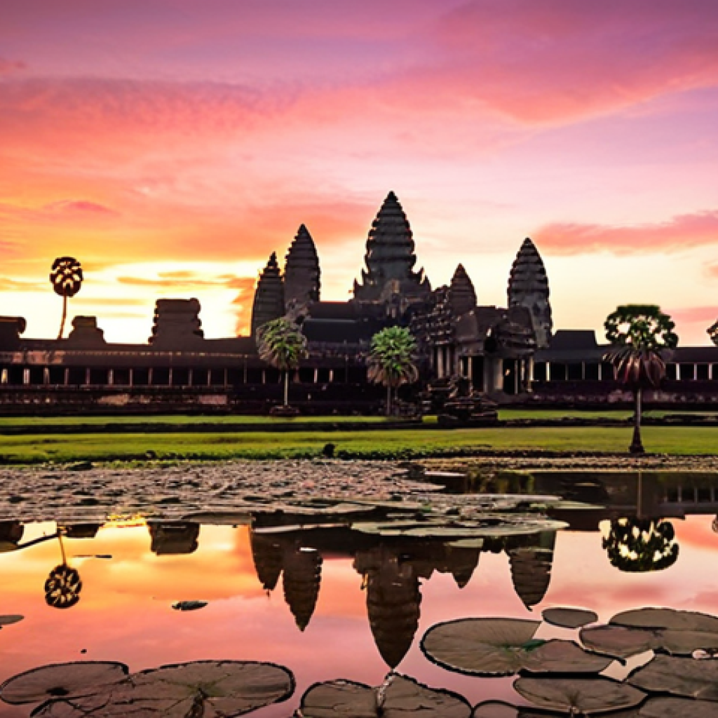 **Angkor Wat Sunrise:** "Angkor Wat at dawn, its iconic spires glowing in vibrant orange and pink hues as the first golden rays of sunlight hit the ancient stones. The temple reflects perfectly in the serene lily ponds, with a mystical, ethereal atmosphere and a sense of collective breath-holding as the pre-dawn darkness yields to light."