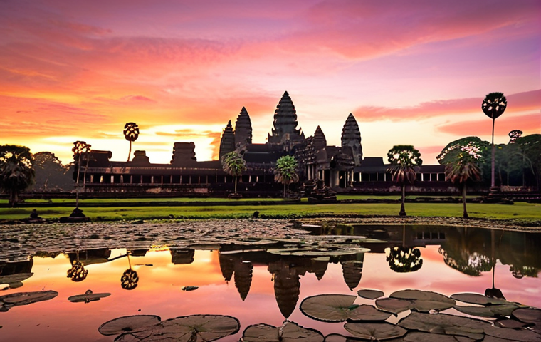 **Angkor Wat Sunrise:** "Angkor Wat at dawn, its iconic spires glowing in vibrant orange and pink hues as the first golden rays of sunlight hit the ancient stones. The temple reflects perfectly in the serene lily ponds, with a mystical, ethereal atmosphere and a sense of collective breath-holding as the pre-dawn darkness yields to light."