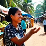 A mindful female traveler, fully clothed in modest, appropriate travel attire, stands with palms pressed together, gently attempting a Sampeah. Opposite her, a kind Cambodian woman, in traditional, modest Cambodian clothing, offers a gentle smile of encouragement. They are in a vibrant, sunlit local market in Cambodia, with blurred market stalls and fresh produce in the background, creating an atmosphere of warmth and cultural exchange. This image showcases perfect anatomy, correct proportions, natural poses, well-formed hands, and proper finger count, ensuring a high-quality, professional depiction. This is safe for work, appropriate content, and family-friendly.