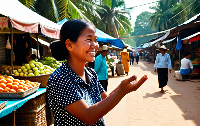 A mindful female traveler, fully clothed in modest, appropriate travel attire, stands with palms pressed together, gently attempting a Sampeah. Opposite her, a kind Cambodian woman, in traditional, modest Cambodian clothing, offers a gentle smile of encouragement. They are in a vibrant, sunlit local market in Cambodia, with blurred market stalls and fresh produce in the background, creating an atmosphere of warmth and cultural exchange. This image showcases perfect anatomy, correct proportions, natural poses, well-formed hands, and proper finger count, ensuring a high-quality, professional depiction. This is safe for work, appropriate content, and family-friendly.