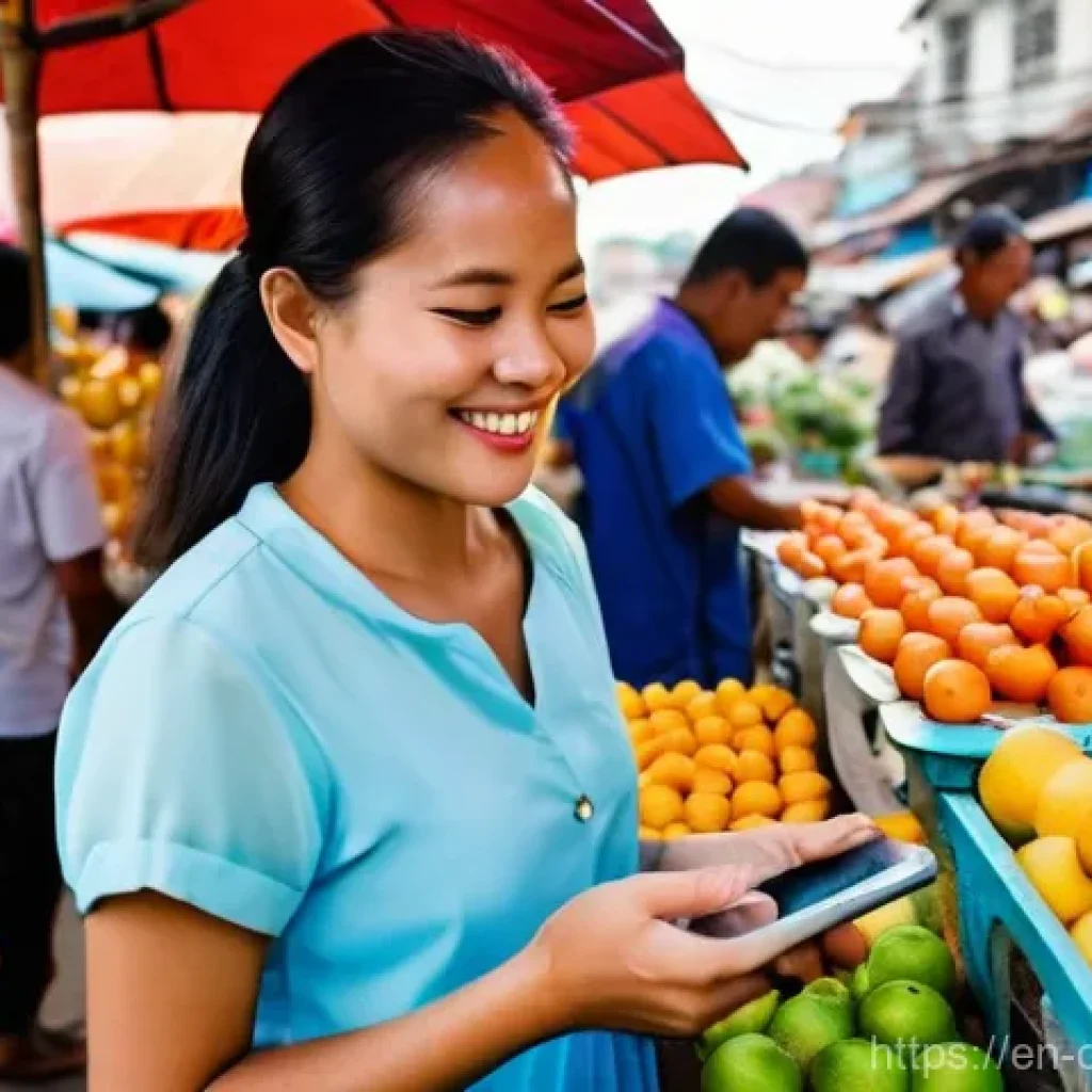 캄보디아 금융업 현황 - **Prompt 1: The Digital Leap in Phnom Penh's Market**
"A vibrant, eye-level shot of a bustling s...