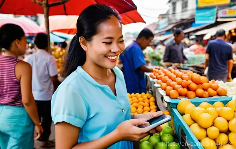 캄보디아 금융업 현황 - **Prompt 1: The Digital Leap in Phnom Penh's Market**
"A vibrant, eye-level shot of a bustling s...