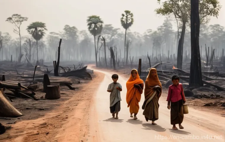 캄보디아 산불과 환경 문제 - **Prompt 1: Displaced Families Amidst Haze**
"A poignant scene in rural Cambodia, depicting a sm...