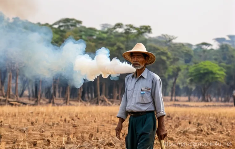캄보디아 산불과 환경 문제 - **Prompt 1: Displaced Families Amidst Haze**
    "A poignant scene in rural Cambodia, depicting a sm...