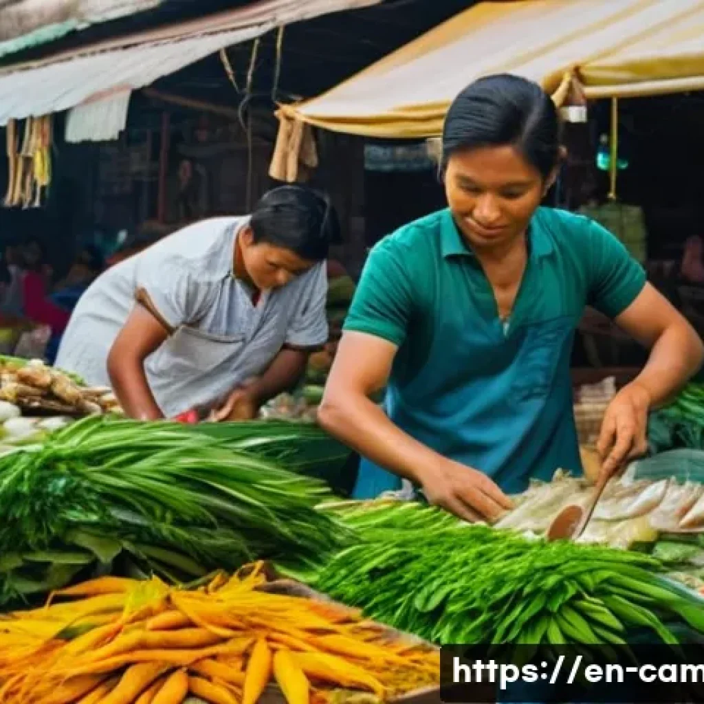 전통 크메르 요리의 조리법 - **Prompt:** A bustling, vibrant outdoor Cambodian market scene during the day. The stalls are overfl...