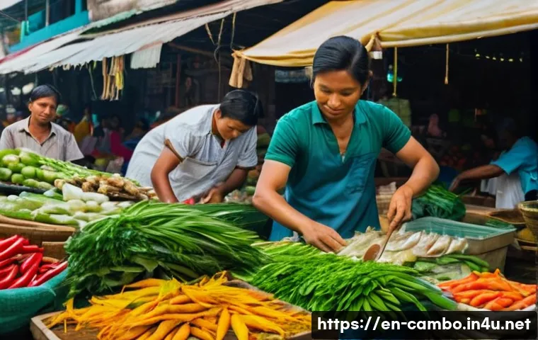 전통 크메르 요리의 조리법 - **Prompt:** A bustling, vibrant outdoor Cambodian market scene during the day. The stalls are overfl...