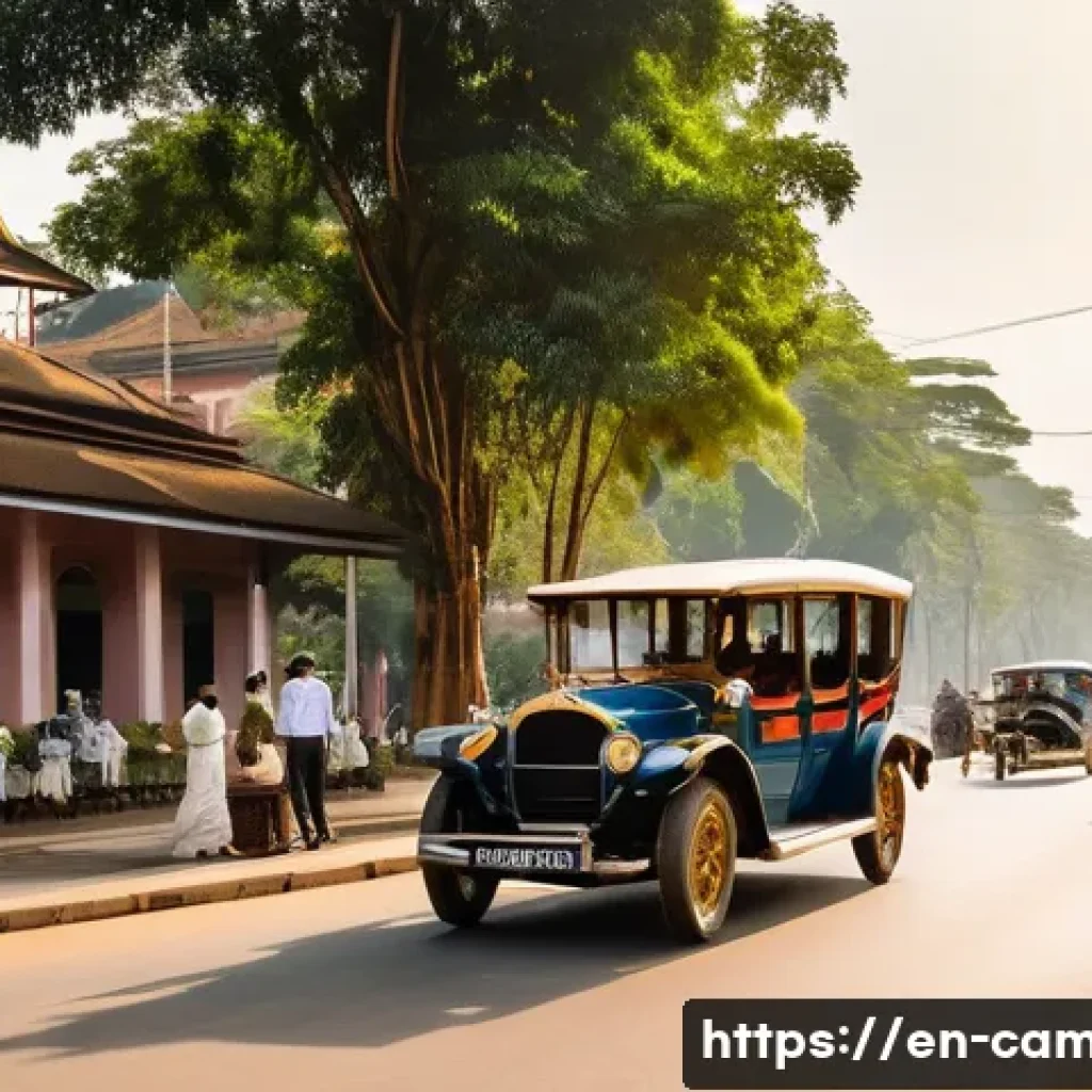 캄보디아의 프랑스 식민지 역사 - A detailed street scene in 1920s Phnom Penh showcasing French colonial urban planning: wide, tree-li...