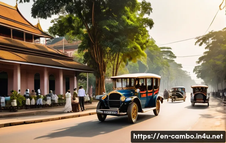 캄보디아의 프랑스 식민지 역사 - A detailed street scene in 1920s Phnom Penh showcasing French colonial urban planning: wide, tree-li...