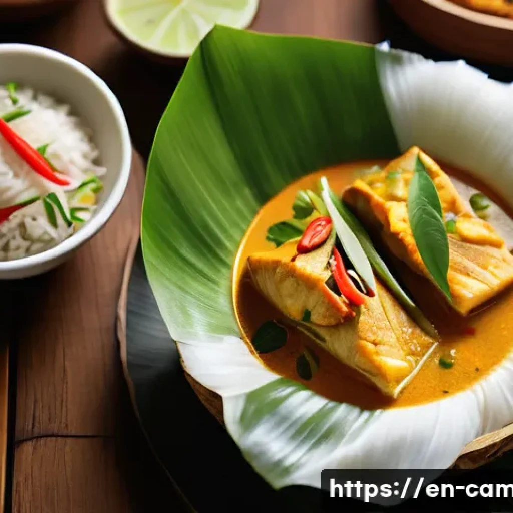 캄보디아 아목 트레이 - A close-up, vibrant image of a traditional Cambodian fish curry (Amok Trey) served in a folded banan...