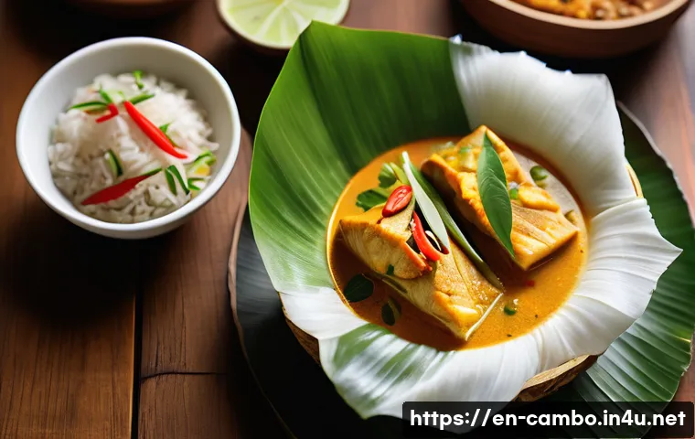 캄보디아 아목 트레이 - A close-up, vibrant image of a traditional Cambodian fish curry (Amok Trey) served in a folded banan...