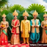 Home 22 캄보디아의 복장 문화 - A vibrant Cambodian wedding scene featuring a bride and groom dressed in traditional silk sampots wi...