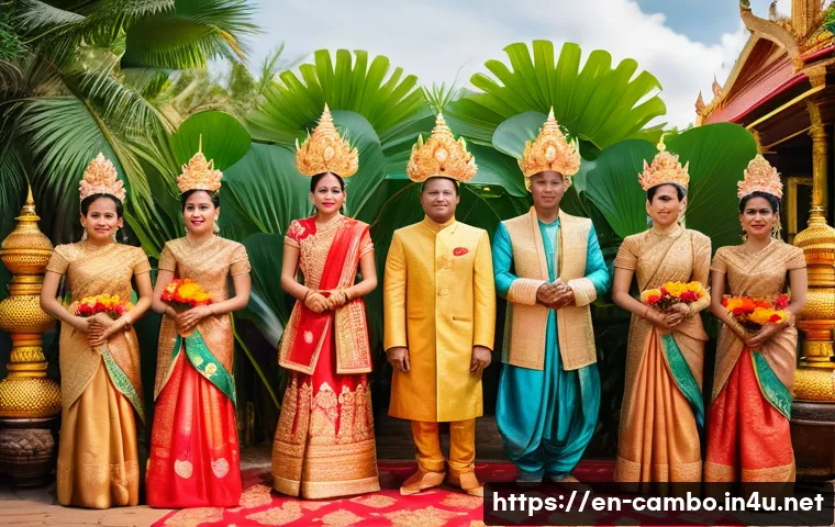 캄보디아의 복장 문화 - A vibrant Cambodian wedding scene featuring a bride and groom dressed in traditional silk sampots wi...