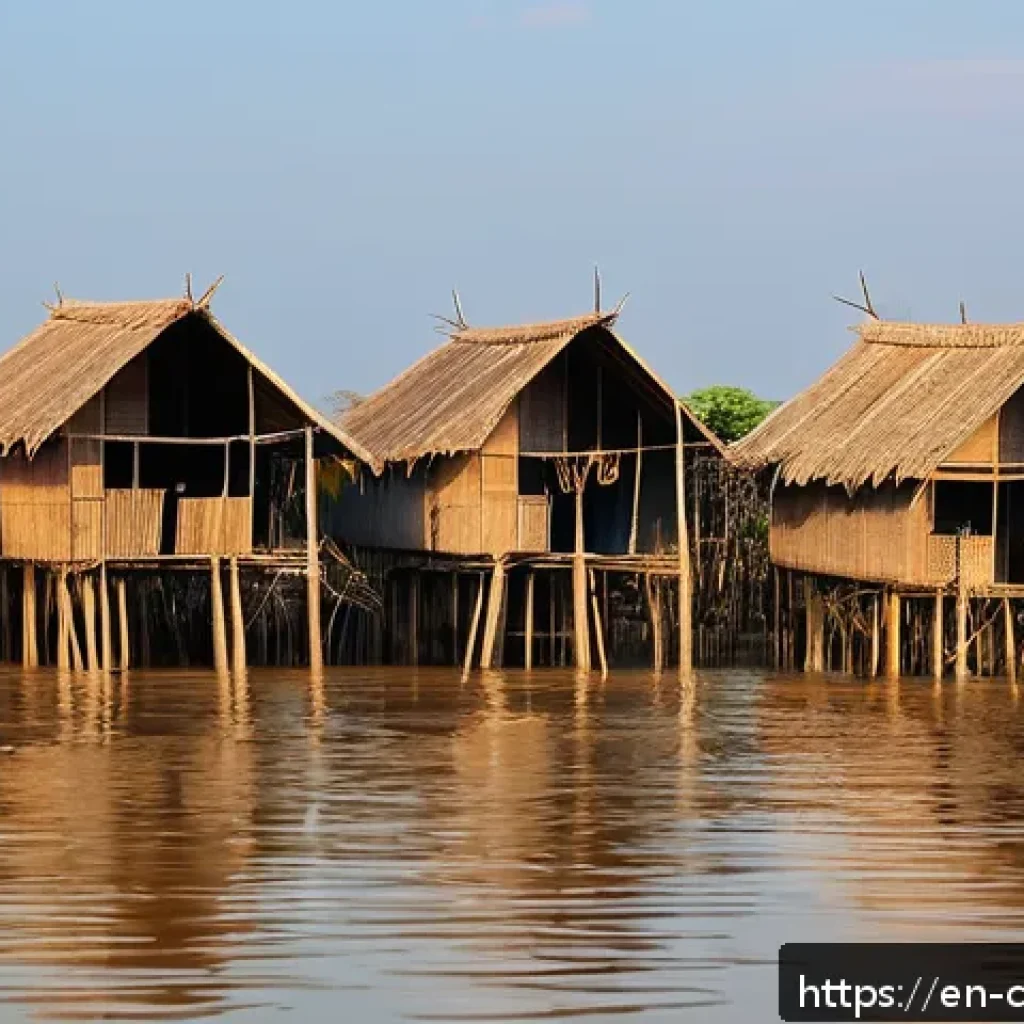 캄보디아의 숨은 명소 - A serene scene of Kampong Phluk village on stilts over the Tonle Sap Lake during the dry season, fea...