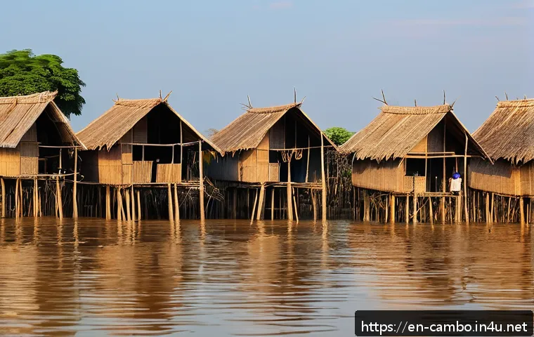 캄보디아의 숨은 명소 - A serene scene of Kampong Phluk village on stilts over the Tonle Sap Lake during the dry season, fea...