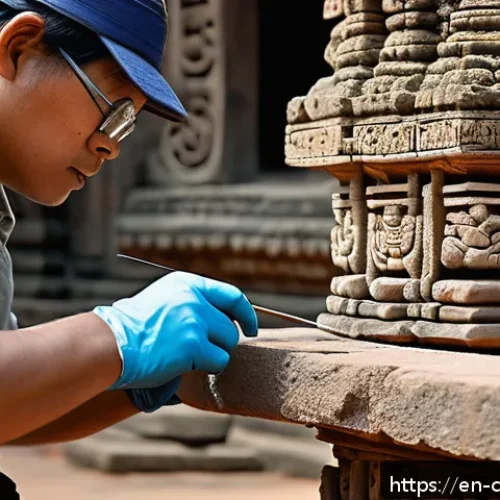Home 31 앙코르 와트 복원 전문가 - A detailed close-up scene of skilled conservators carefully applying micro-injection grout to ancien...