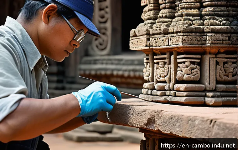 앙코르 와트 복원 전문가 - A detailed close-up scene of skilled conservators carefully applying micro-injection grout to ancien...