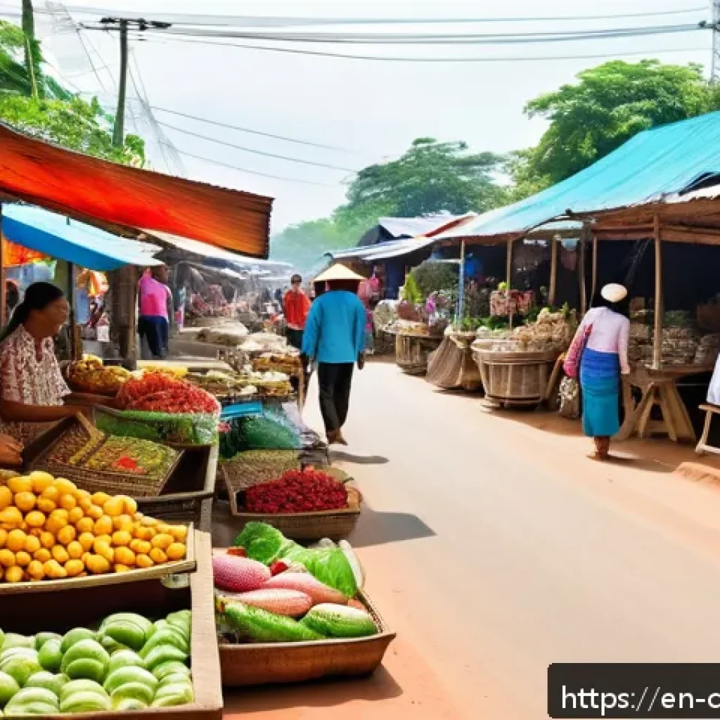 캄보디아 원조와 경제 협력 - A bustling Cambodian rural marketplace scene featuring local entrepreneurs selling handmade crafts a...