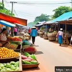 Home 23 캄보디아 원조와 경제 협력 - A bustling Cambodian rural marketplace scene featuring local entrepreneurs selling handmade crafts a...