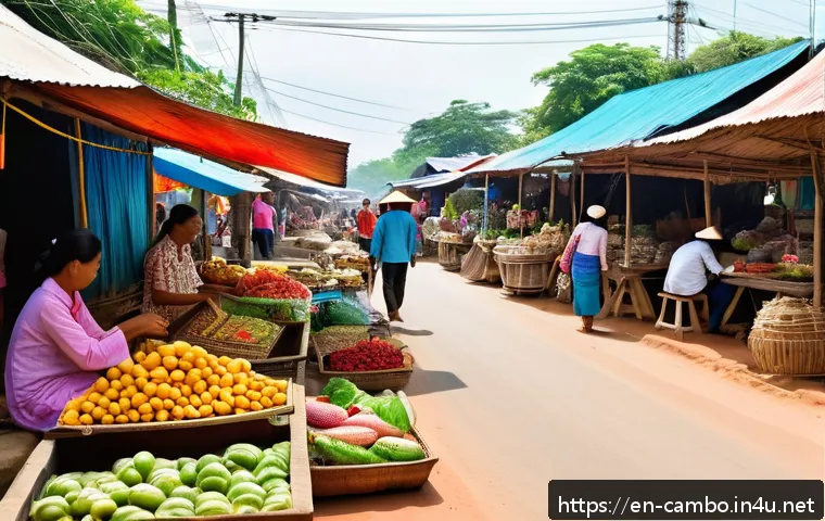 캄보디아 원조와 경제 협력 - A bustling Cambodian rural marketplace scene featuring local entrepreneurs selling handmade crafts a...