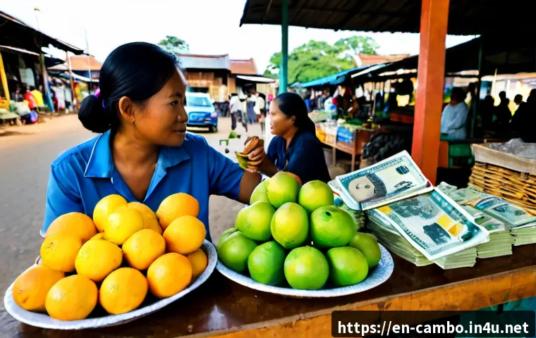 캄보디아 물가와 적정 가격 - Photorealistic Cambodian market price comparison scene, a friendly traveler and a local vendor calml...
