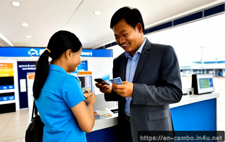 캄보디아 SIM 카드 구매법 - Photorealistic travel scene inside a clean Cambodian airport mobile service kiosk, a friendly local ...