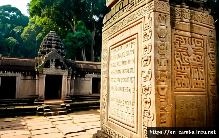 Home 17 크메르 문자의 기원 - Photorealistic archaeological scene in ancient Cambodia, a weathered sandstone stele with intentiona...