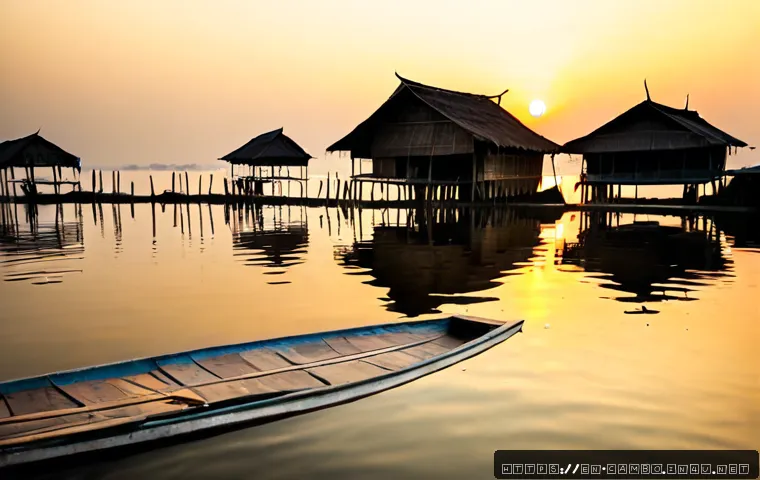 Home 17 톤레사프 호수 - Photorealistic sunrise over Tonle Sap Lake, Cambodia, wide cinematic composition of traditional wood...